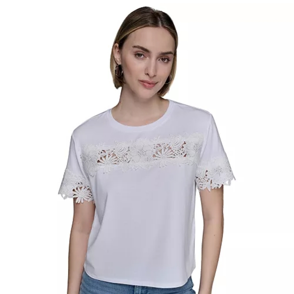 Karl Lagerfeld White Lace-Trim Short Sleeve Tee NWT LARGE